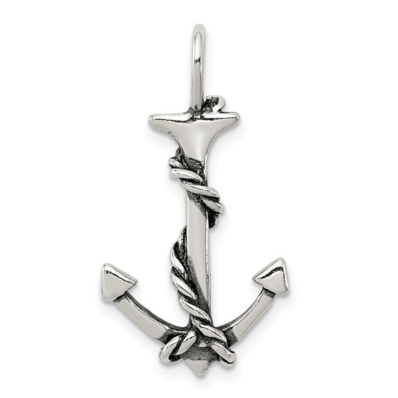 Sterling Silver 3D Antiqued Anchor & Rope Small Necklace Charm Pendant Unisex
